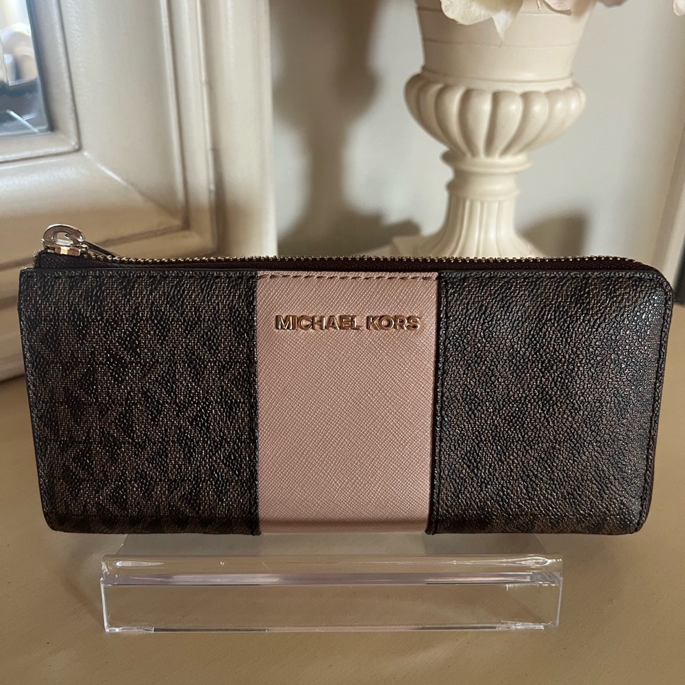 Michael Kors Signature Monogram Brown and Pink Wallet